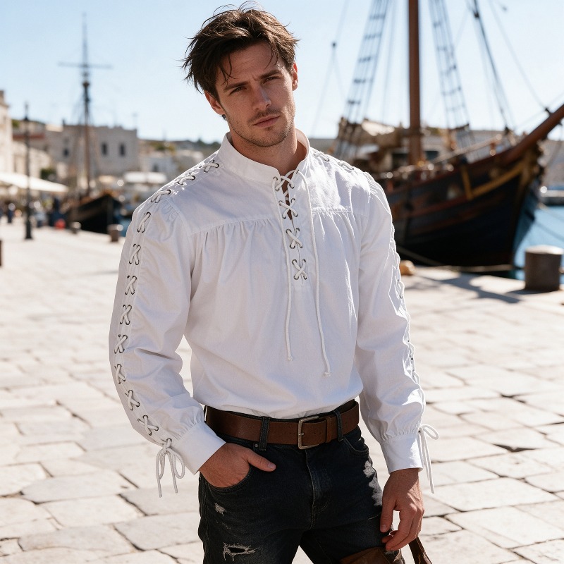 Medieval Gothic Lace Up Pirate Shirt - Camicia da Pirata Medievale da Uomo